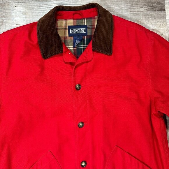Lands'End Leather Collar Red Plaid Lined Barn Coat | Men's Size Tall L (42-44) - Picture 3 of 12